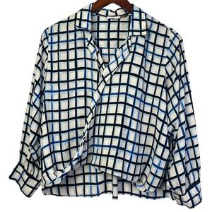 Calvin Klein Women's White Blue Black Grid Print Long Sleeve Blouse Shirt Top